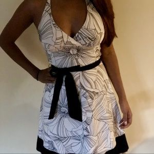 Black and white floral a-line halter dress